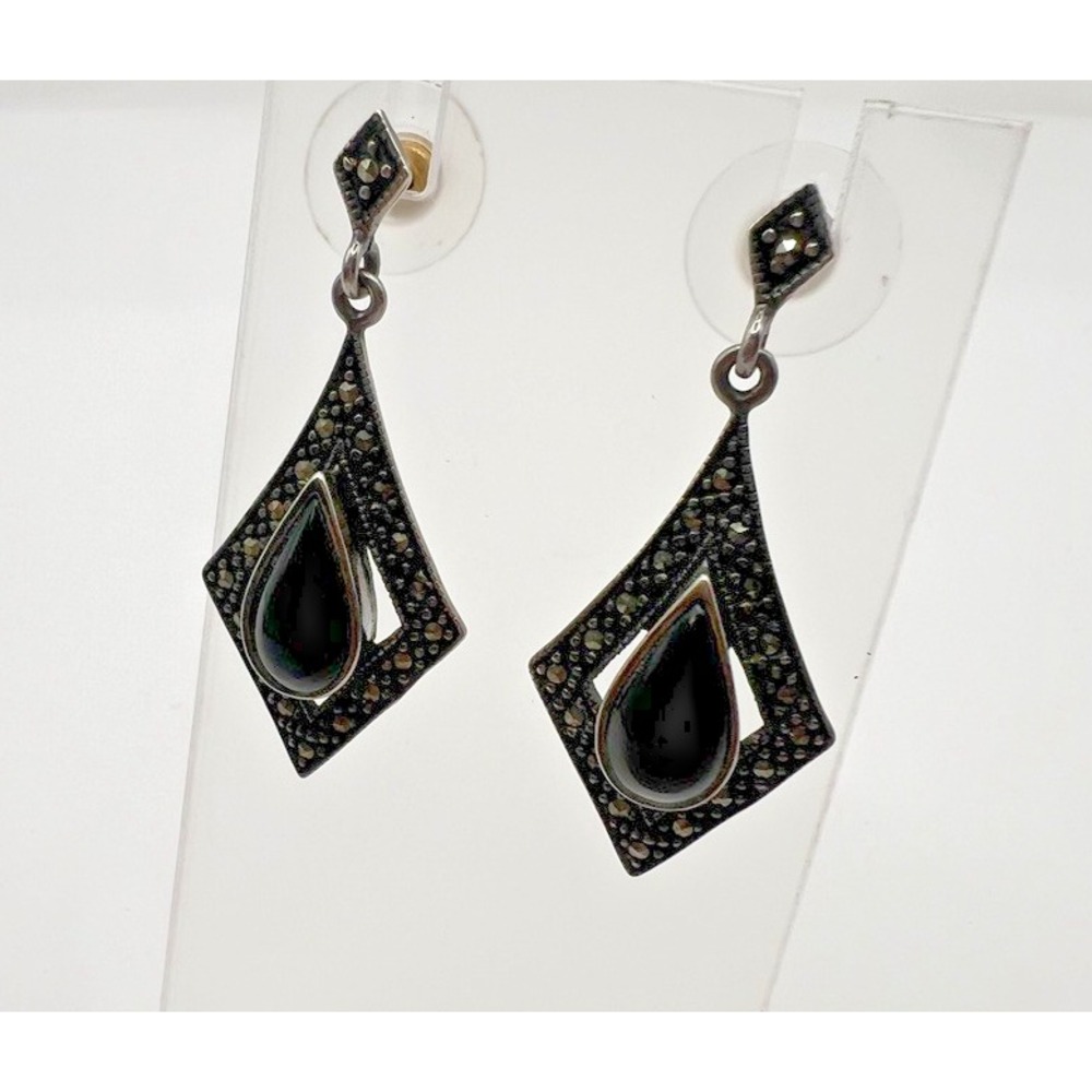 Sterling Silver Marcasite & Black Onyx Drop Earrings Vintage Signed